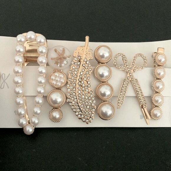 Set of 6 Pearl and Rhinestone Hair Clips Starfish Scissors Feather Design - Picture 1 of 12